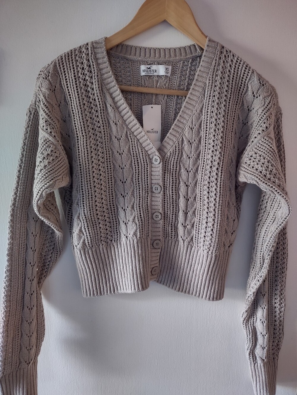 Hollister NWT XS Tan Knit Cardigan Sweater Cable Knit Button Front Boho Cropped